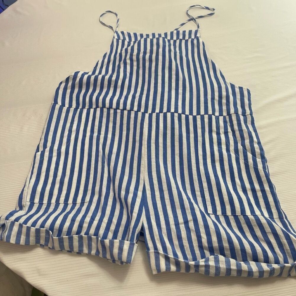 Vitamin A Women’s Linen Blue White Stripe Jumpsuit Romper Size Large